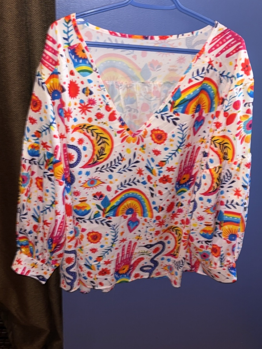 Women's V-Neck Long Sleeve Top - Multicolor Floral Rainbow Print
